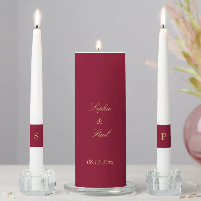 Burgundy Golden Beige Wedding Unity Candle Set