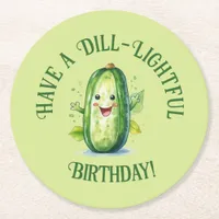 Cute Green Cartoon Pickle Birthday Round Paper Coaster