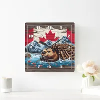 Canadian Beaver Building Its Lodge by Water Square Wall Clock