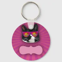 Cheeky Sunglasses Neon Tuxedo Cat Fun Art  Keychain