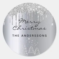 Christmas silver glitter drips classic round sticker