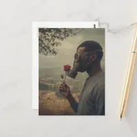 Retro man in a Gas Mask With Red Rose Postcard