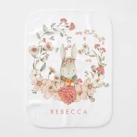 Vintage Cute Bunny Botanical Florals Baby Girl Baby Burp Cloth