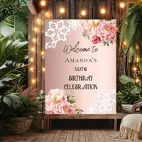 Rose gold florals lace birthday welcome sign