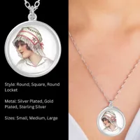 Vintage Lady in Embroidery & Lace Bonnet Round Silver Plated Necklace