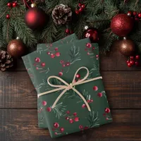 Dark Green Christmas Watercolor Rustic Pine Bough  Wrapping Paper Sheets