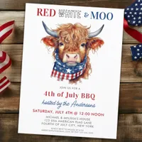 Red White Moo Patriotic Highland Cow 4th Of July Invitation Postcard