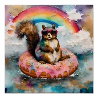 Squirrel on Floating Glazed Donut Funny Vacation Poster