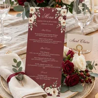 Watercolor Burgundy Ivory Floral Winter Wedding Menu