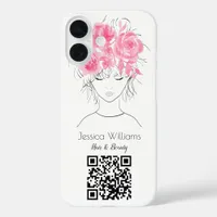 QR code cute girl pink watercolor roses floral iPhone 16 Case