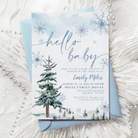 Hello Baby invitation, Winter blue baby shower Invitation