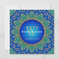 Egyptian Sun Sparkle Teal Gold Monogram Invitation