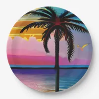 Pretty Tropical Palm Tree and Purple Sunset Paper Plates