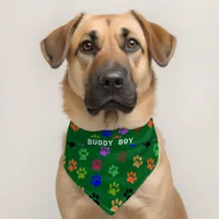 Custom Pet's Name Colorful Paw Prints Green BG Pet Bandana Collar