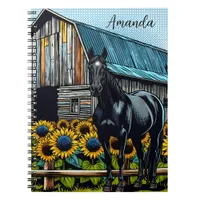 Pretty Black Horse and Sunflowers Personalized Notebook