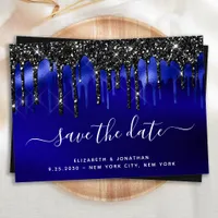 Elegant Black Blue Glitter Drips Save The Date Invitation