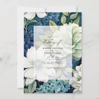 Navy, White and Greenery Floral Wedding Invitation