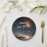  Fireworks Theme Script Caligraphy Happy New Year Paper Plates