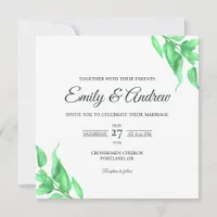 Green Botanical Floral Watercolor Square Wedding Invitation