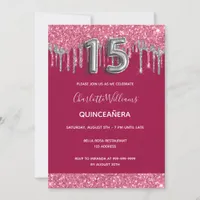 Quinceanera red silver glittermdrips elegant invitation