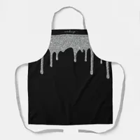 Black Silver Sparkle Glitter Drips Personalized Apron