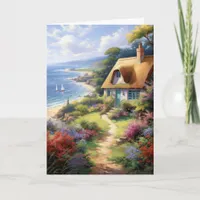 Cute Cottage at the Sea Flowers Hello Folded Card