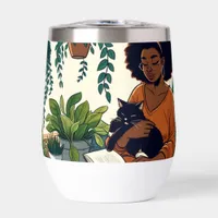 Woman Relaxing with her cat, book and plants Thermal Wine Tumbler