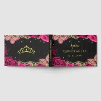 Pink Roses Black Gold Lace Butterfly Quinceañera Foil Guest Book