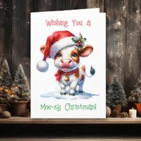 Cartoon Cow in Santa Hat Personalized Christmas Holiday Card