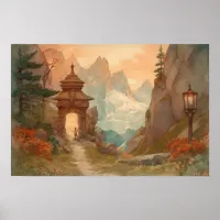 Watercolor mountain path gateway to a new world poster