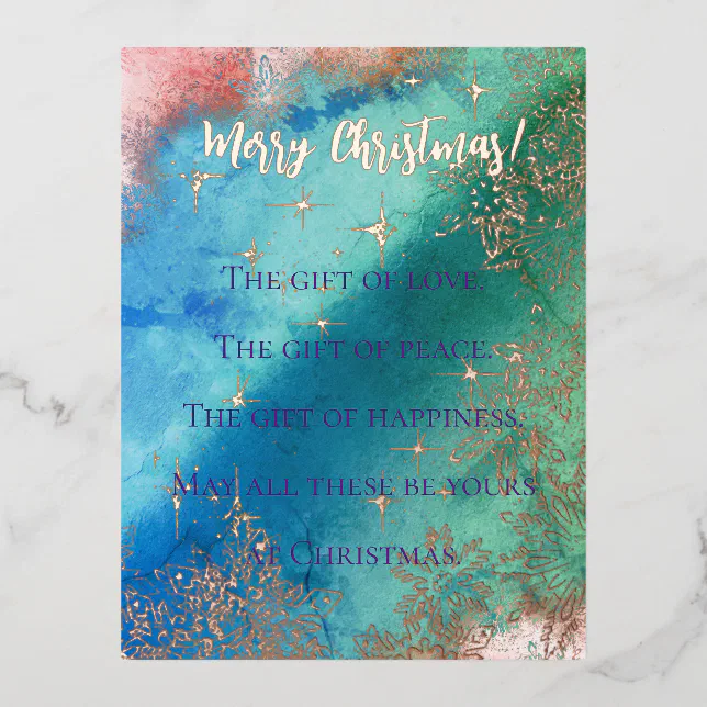 Merry Christmas in green with snowflakes and stars Foil Holiday Postcard