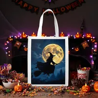 Witch on Broom by Full Moon Halloween Grocery Bag