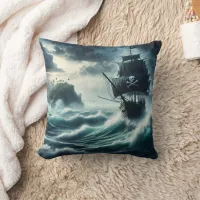 Pirate Ship Battling Stormy Seas Near Island Throw Pillow