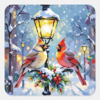 Christmas Cardinals and Snowy Lamppost Square Sticker