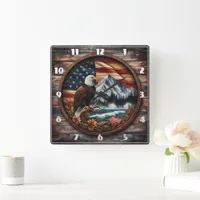 American Eagle Perched Near Mountainous Landscape Square Wall Clock