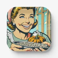 Retro Mom holding Plate of Halloween Pumpkin Seeds