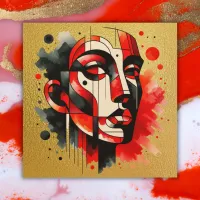 Red, black and white Abstract Face on gold | Wood Wall Art