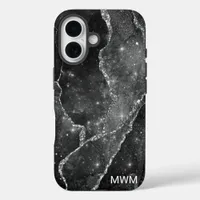 Black White Silver Veins Agate Monogram iPhone 16 Case