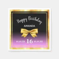 Sweet 16 black purple pink gold bow name napkins