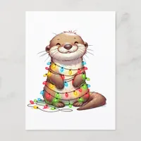 Festive Cute Christmas Otter Wrapped in Lights Postcard