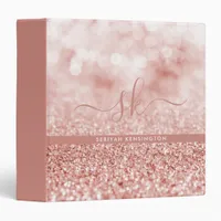 Girly Rose Gold Glitter Bokeh Luxe Monogram 3 Ring Binder