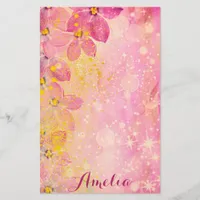 Pink Flowers With Bokeh Sparkles & Paint Splatters Stationery