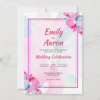 Blush Pink Cyan Modern Floral Watercolor Wedding Invitation