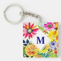 Watercolor Flowers Monogrammed  Keychain