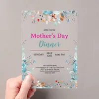Elegant Blue Wildflowers Black Mother's Day Dinner Acrylic Invitations