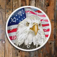 Bald Eagle in front of American Flag Patriotic Art Clock