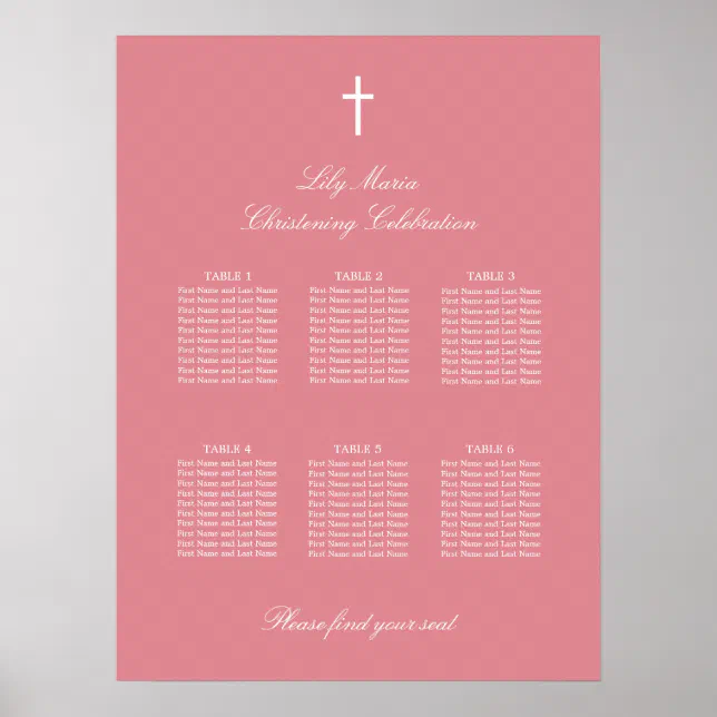 Pink 6 Table Christening Seating Chart Poster