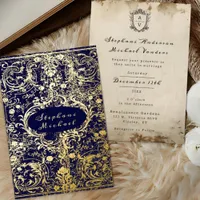 Monogram Crest Antique Scrolled Navy Blue Wedding Foil Invitation