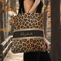 Leopard Print Pattern Brown and Gold Stripe Name Tote Bag