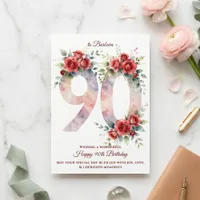 Watercolor Red Rose Floral 90th Birthday Greeting Card
